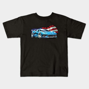 Blue C8 Corvette Fourth of July American Flag Supercar Racecar Muscle Car Sportscar July 4th Rapid Blue Corvette C8 Kids T-Shirt